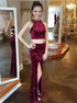 Two Piece Scoop Burgundy Velvet Criss Cross Prom Dress with Slit LBQ2883